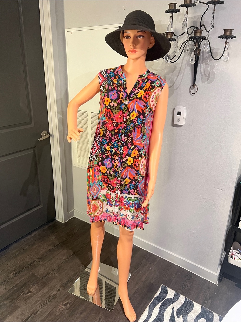 Sleeveless Floral Midi Dress in Black Multi-Color